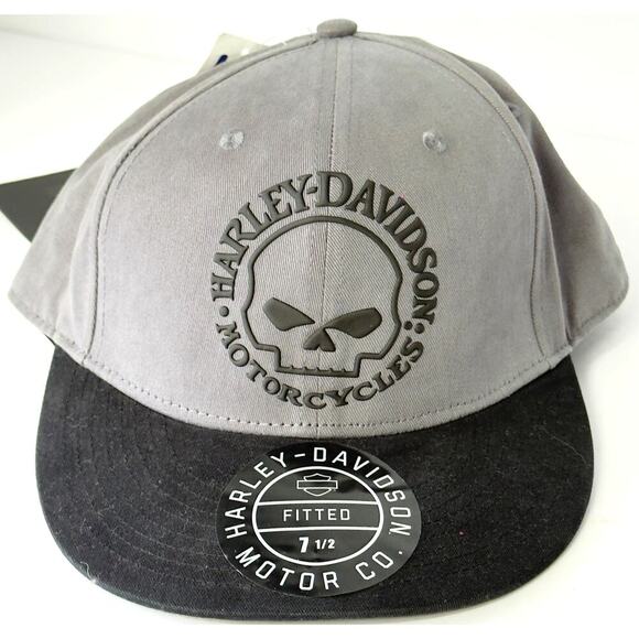 HARLEY-DAVIDSON Hat 7.5 Fitted Baseball SKULL CAP HAT Grey Black Biker NWT - Picture 1 of 3